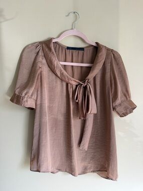 Zara Dusty Rose Tie-Neck Short Sleeve Blouse